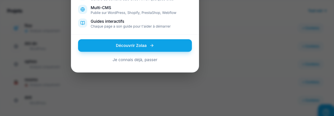 Zolaa — Dashboard — Projets