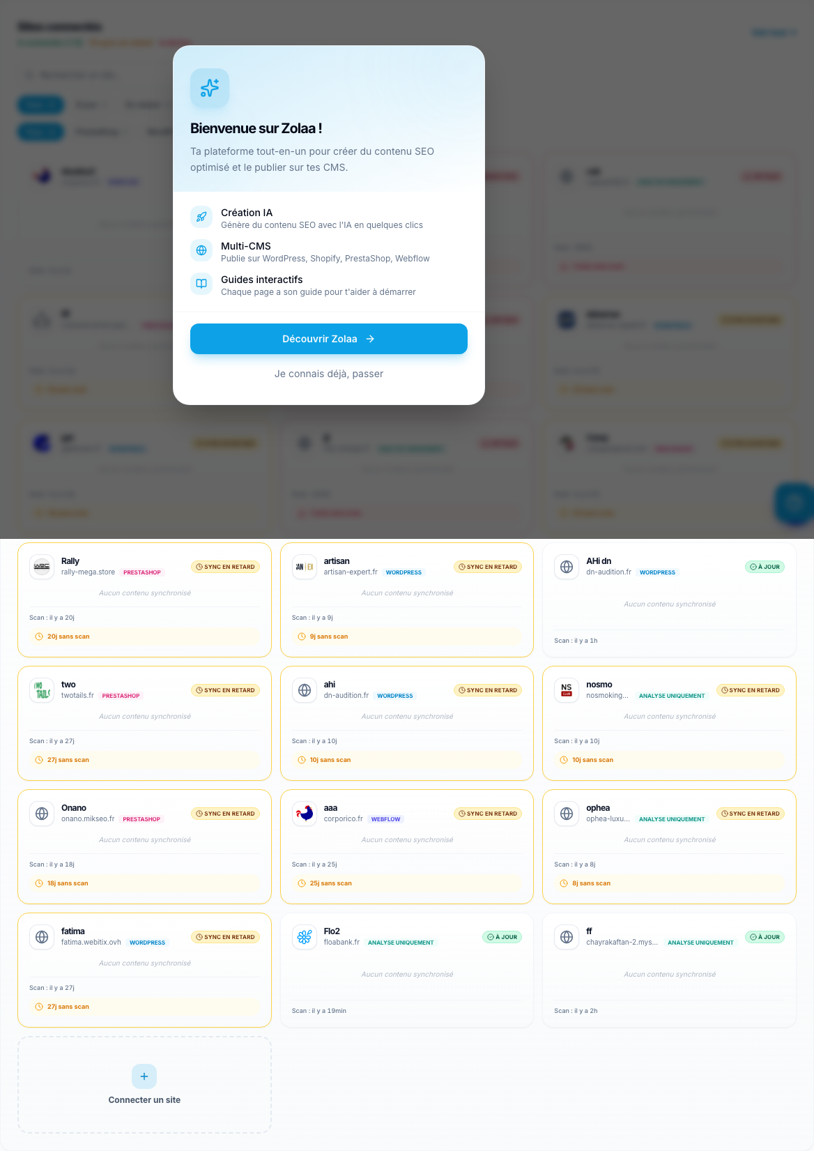 Zolaa — Dashboard — Sites connectés