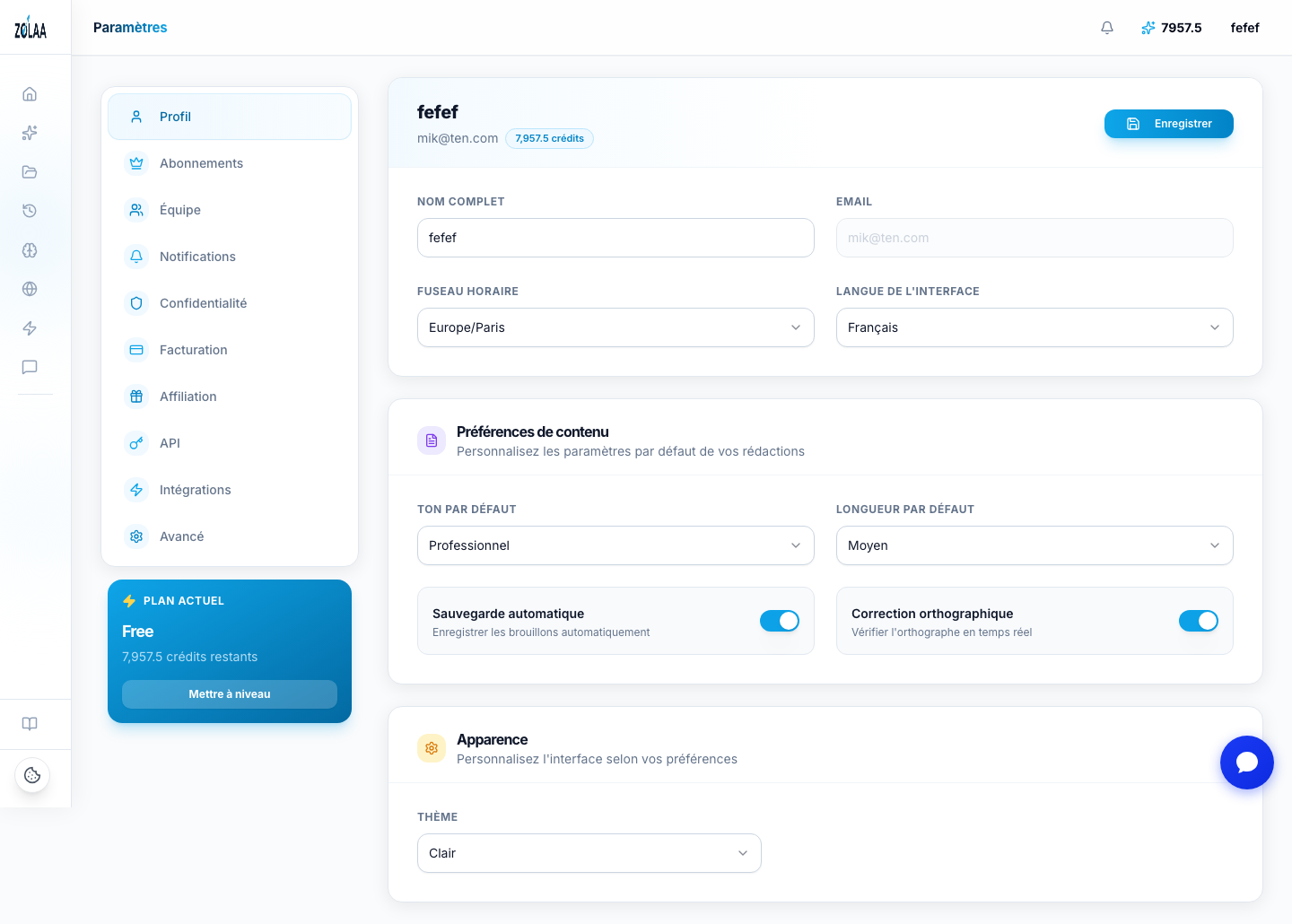 Page Paramètres Zolaa