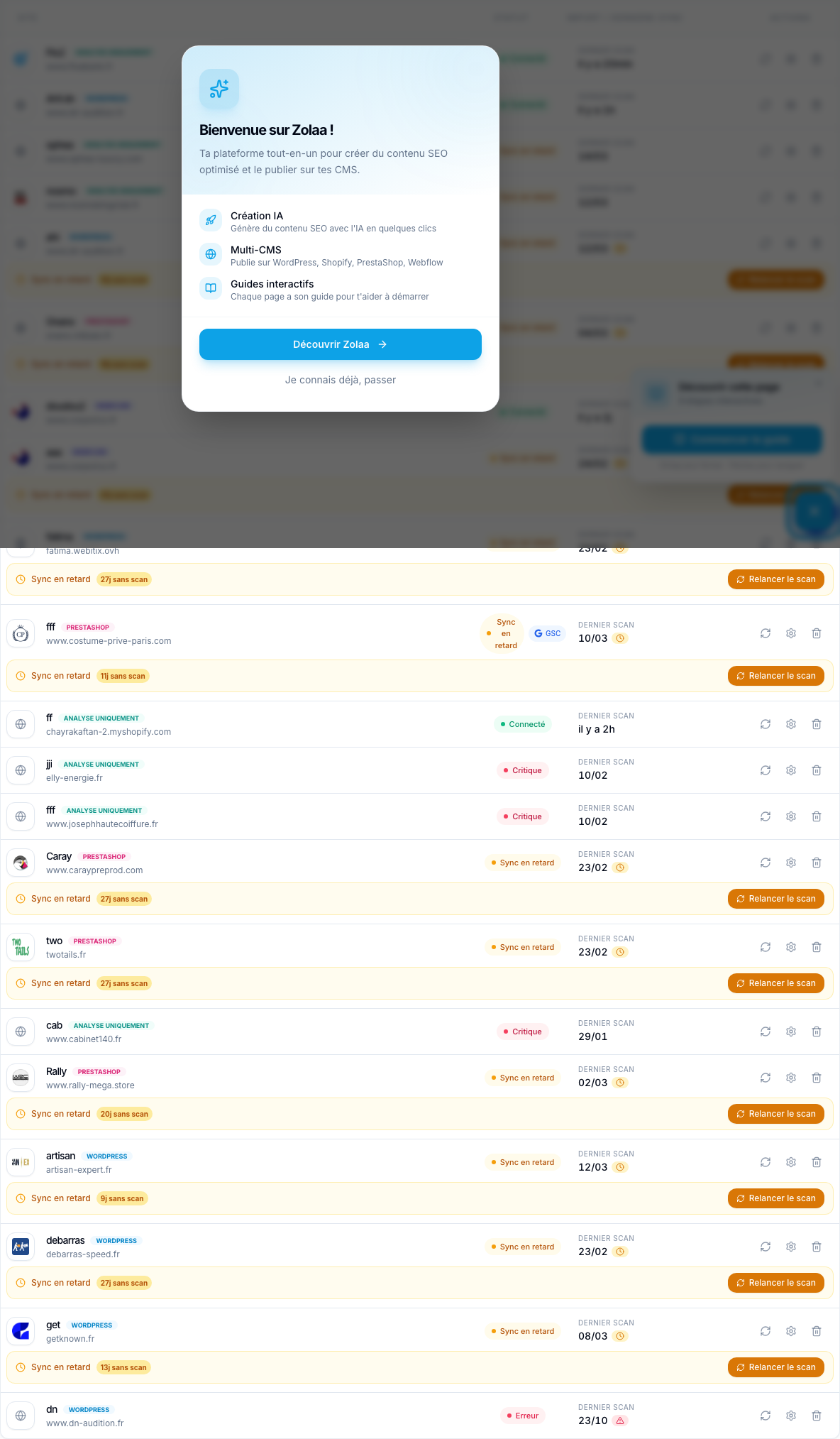 Liste des sites connectés